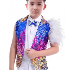 Children Boys rainbow sequins Jazz dance waistcoats for kids Drum pianist host singers vests flower boys model show Sequin gradient vest for children